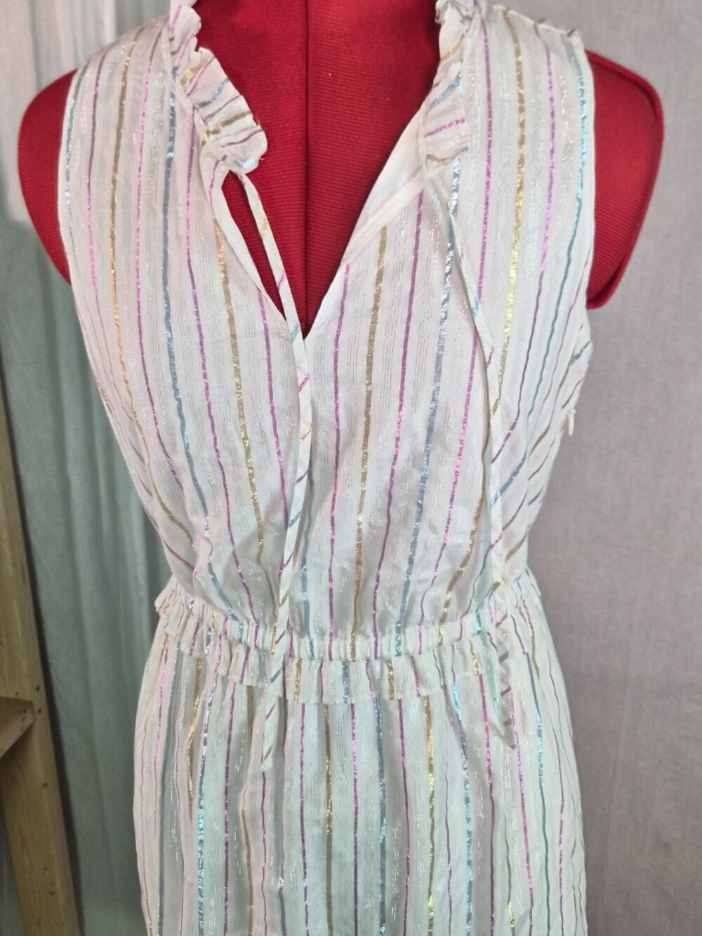 J. Crew Shimmer Womrns Tie-front Midi Dress White Metallic Striped Size 2 G223 - Picture 2 of 14